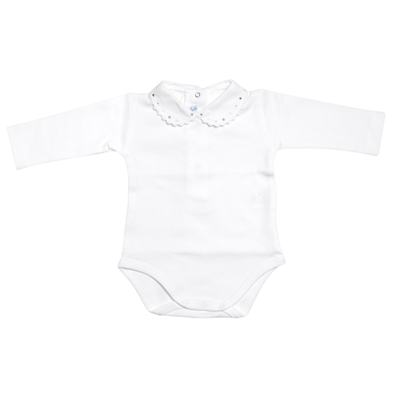 Langarmbody weiss mit Stickerei-Kragen rosa, grau, weiss
