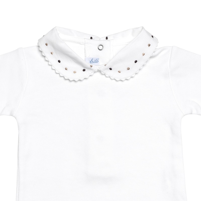 Long-sleeved body white with embroidered collar beige, brown