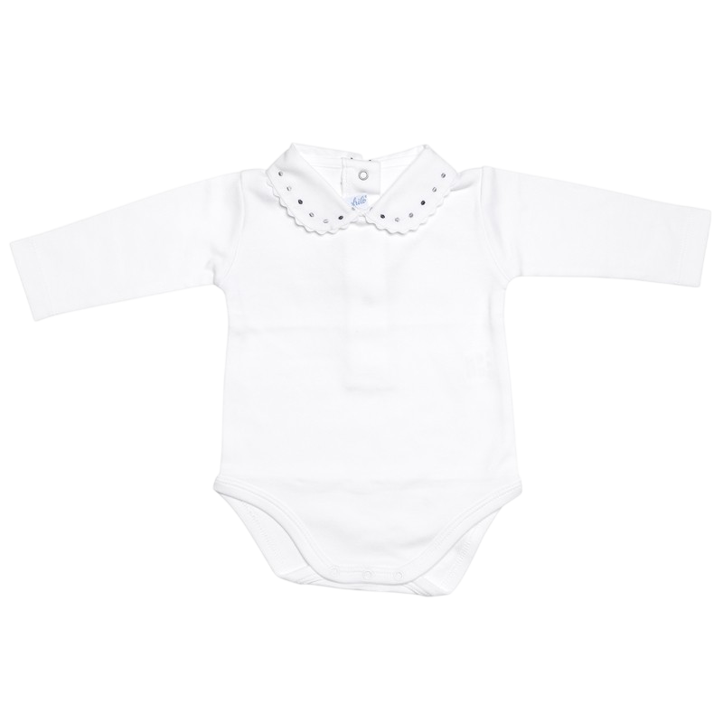 Langarmbody weiss mit Stickerei-Kragen grau, anthrazit