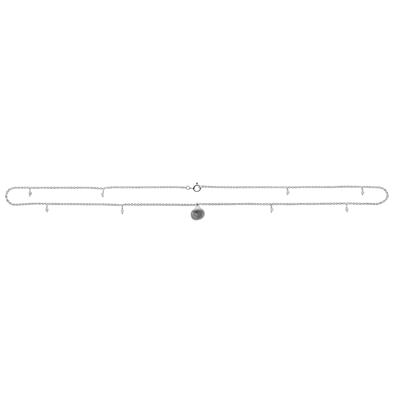 Necklace with 8 Amazonith stones and shell pendant, silver