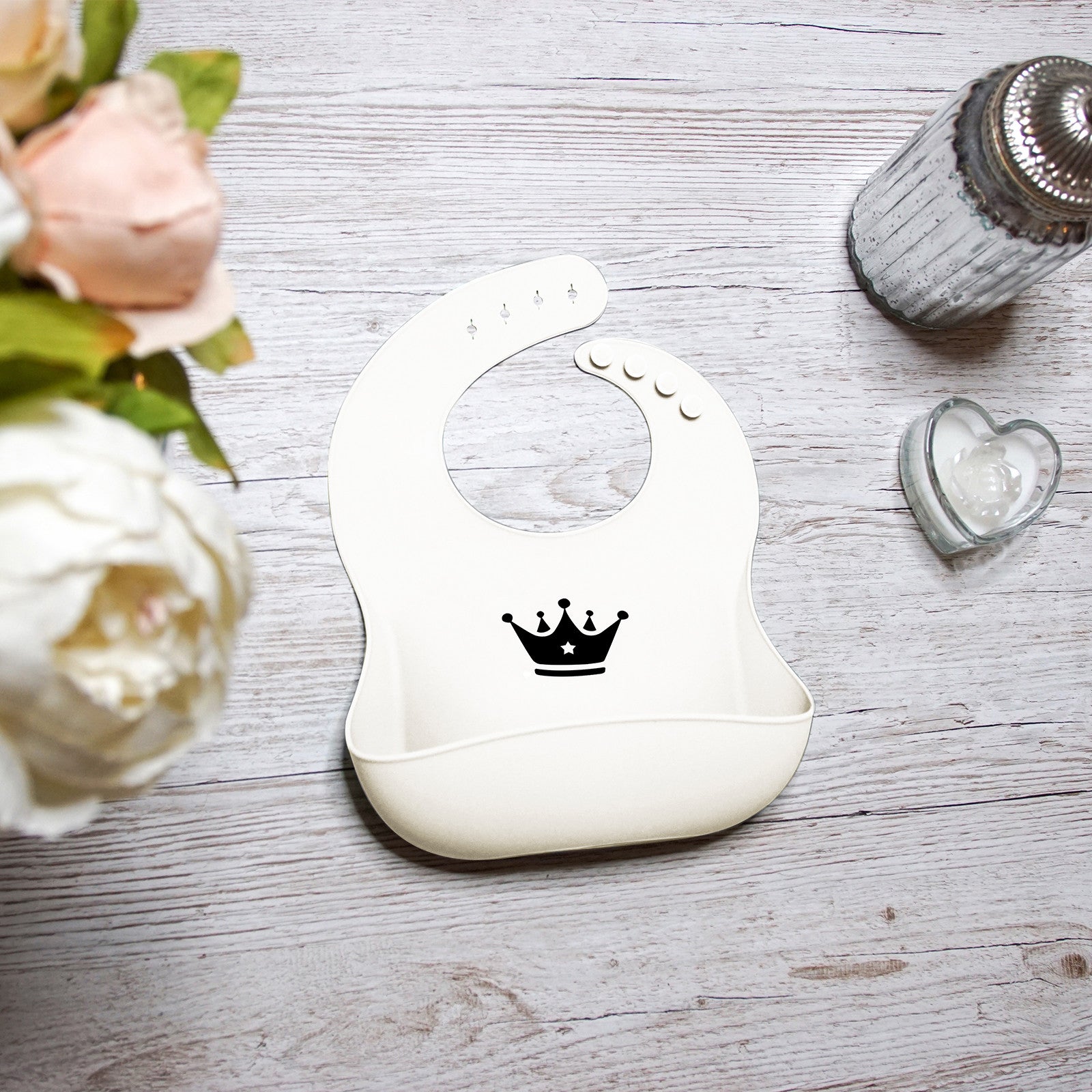 Silicone bib white with drip tray incl. carrying bag