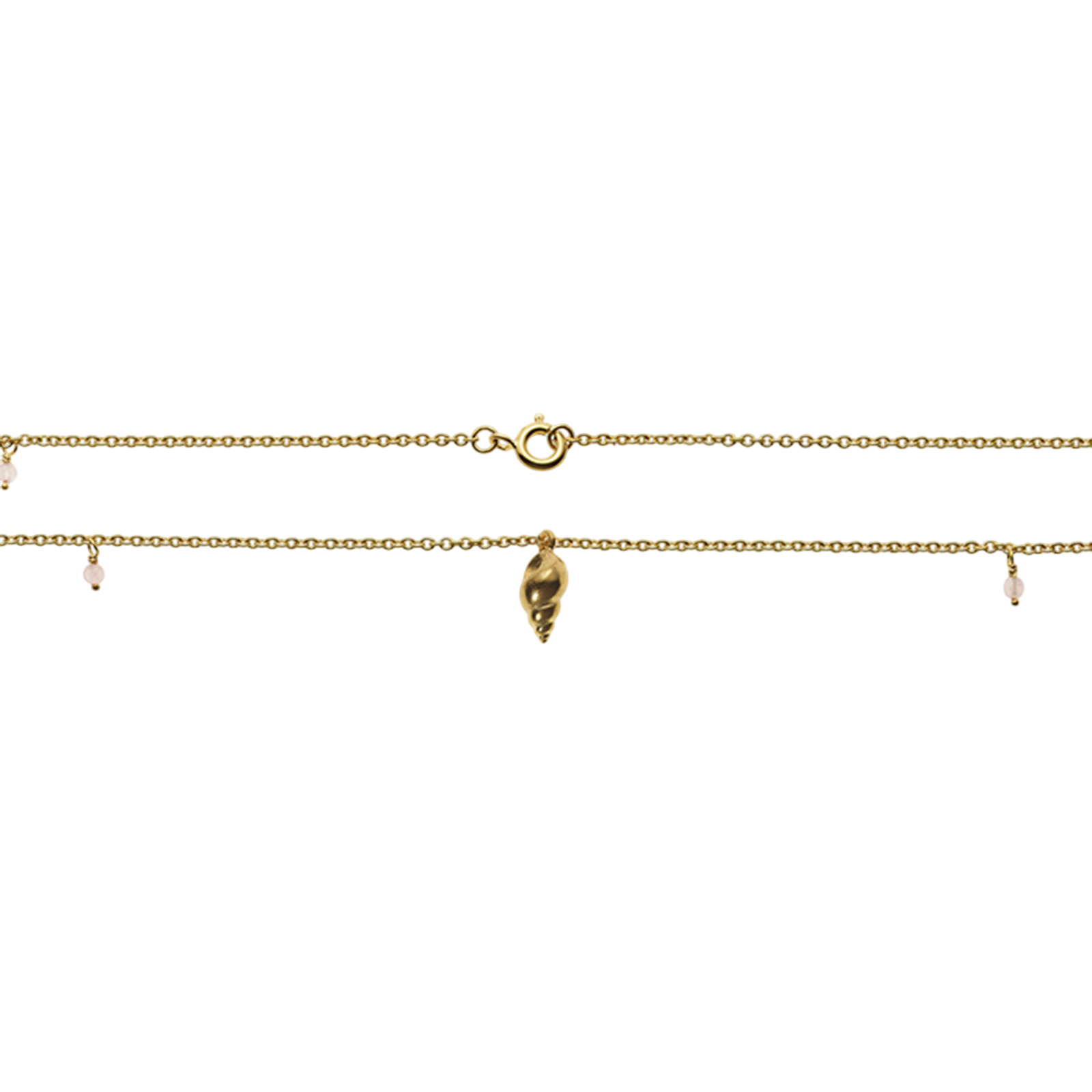 Collier avec 8 pierres de quartz rose et pendentif escargot, doré à l'or fin