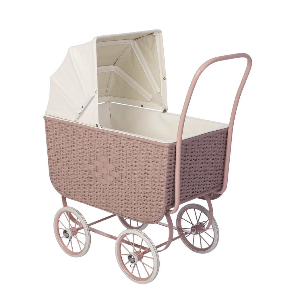 Poussette de poupée en rotin - rose