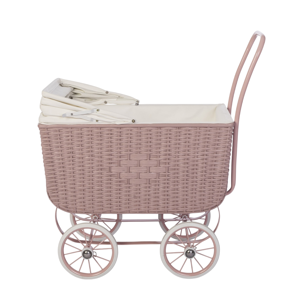 Poussette de poupée en rotin - rose