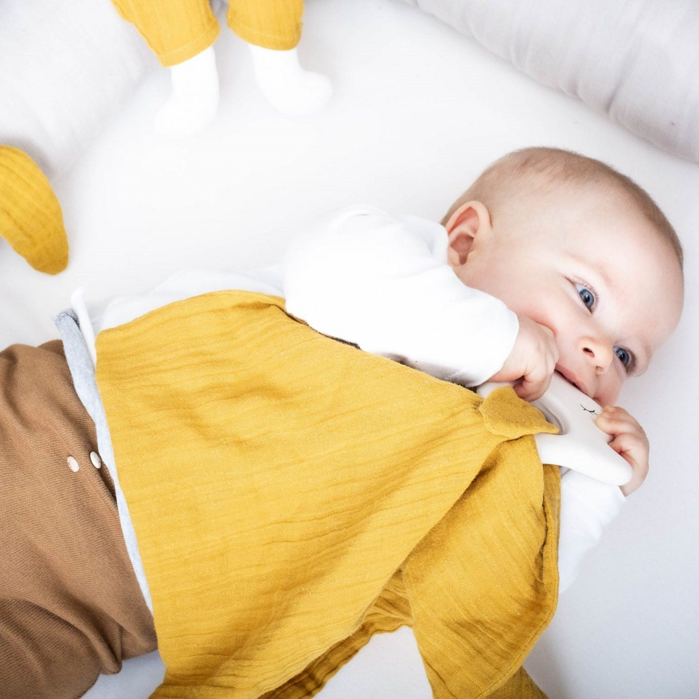 Rubber Rabbit with muslin diaper mustard yellow