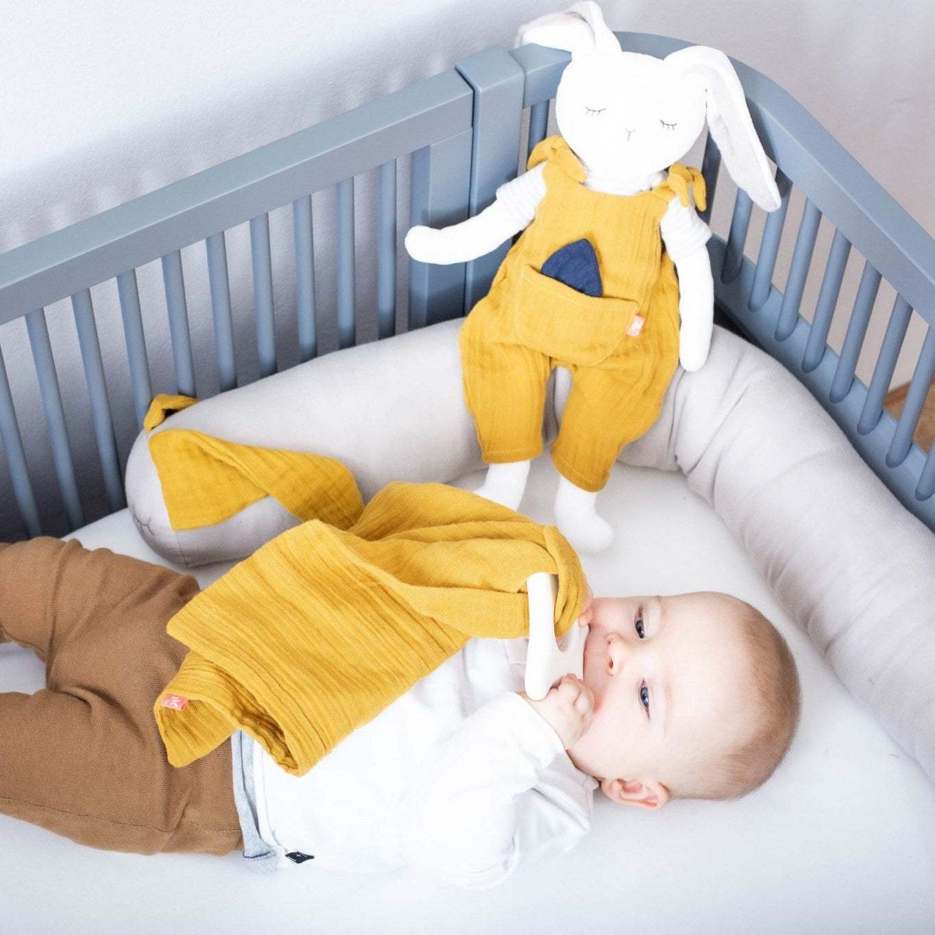 Rubber Rabbit with muslin diaper mustard yellow