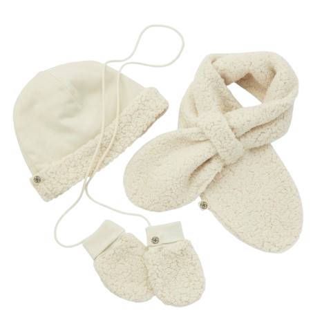 Baby Teddy Set: Schal, Mütze, Fäustlinge Off White