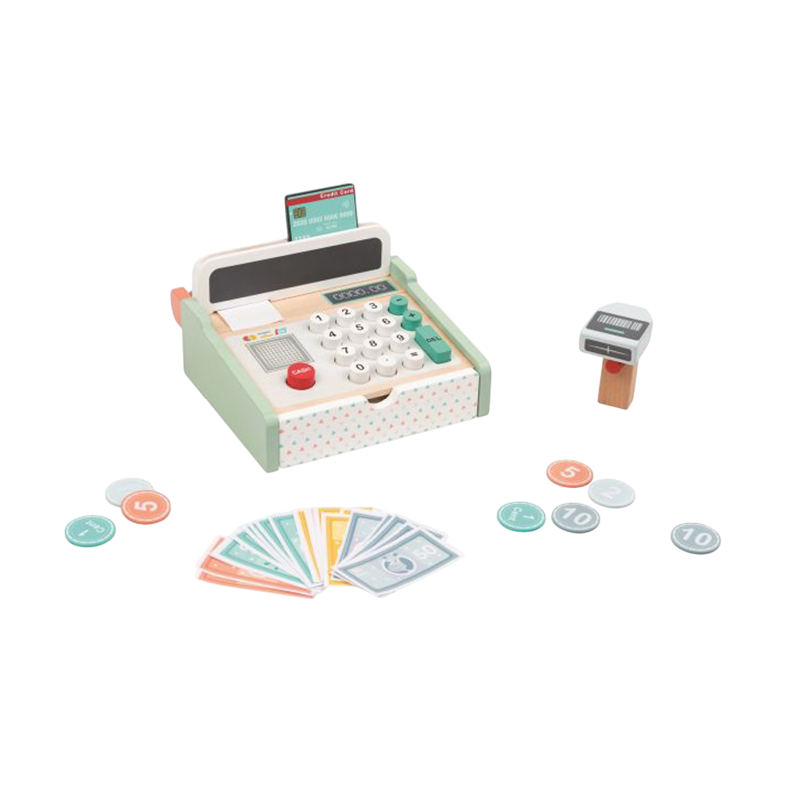 Spielba cash register with scanner + wooden calculator