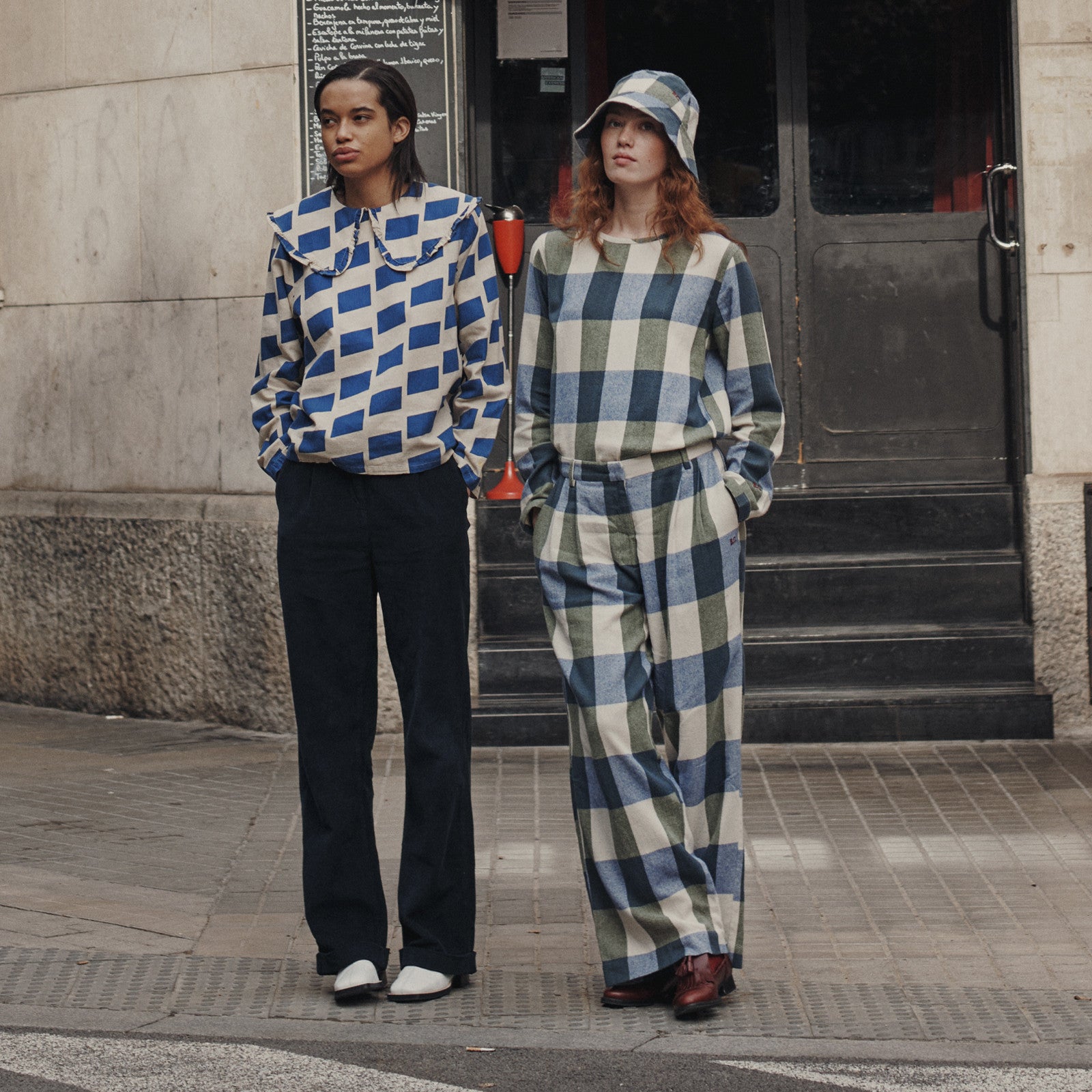 Trousers Navy Blue Plaid Check