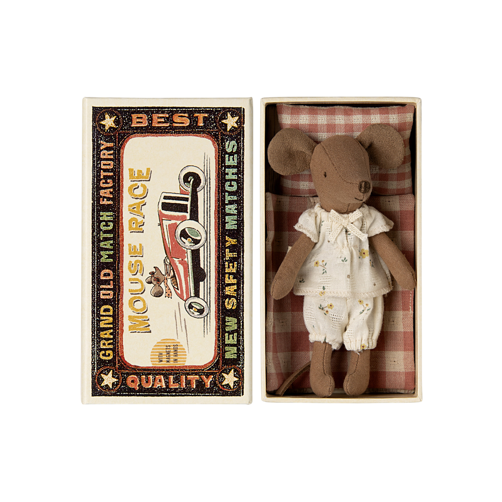 Maileg Maus grosse Schwester im Blumen-Outfit in Streichholzschachtel