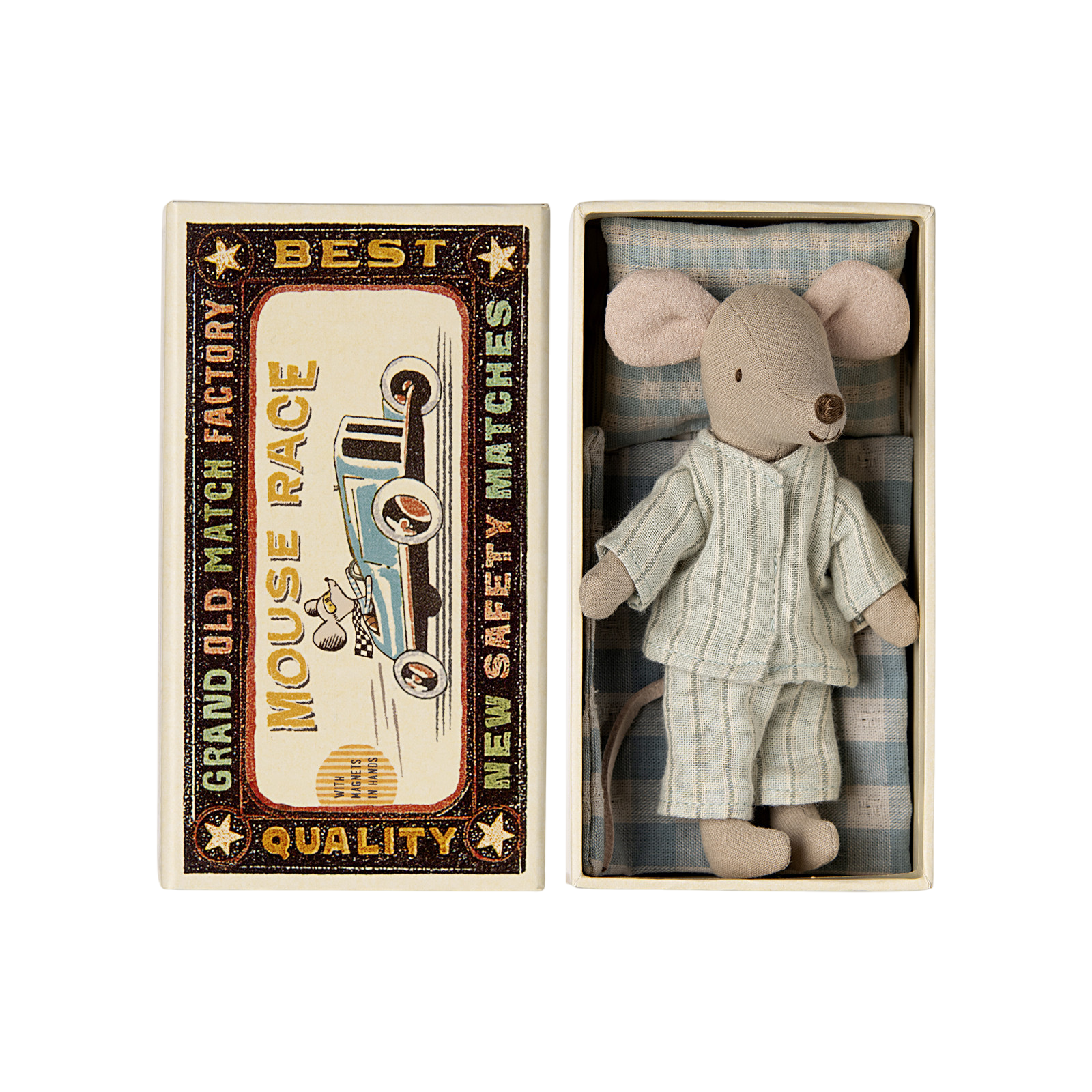 Souris Maileg grand frère dans une boîte d'allumettes