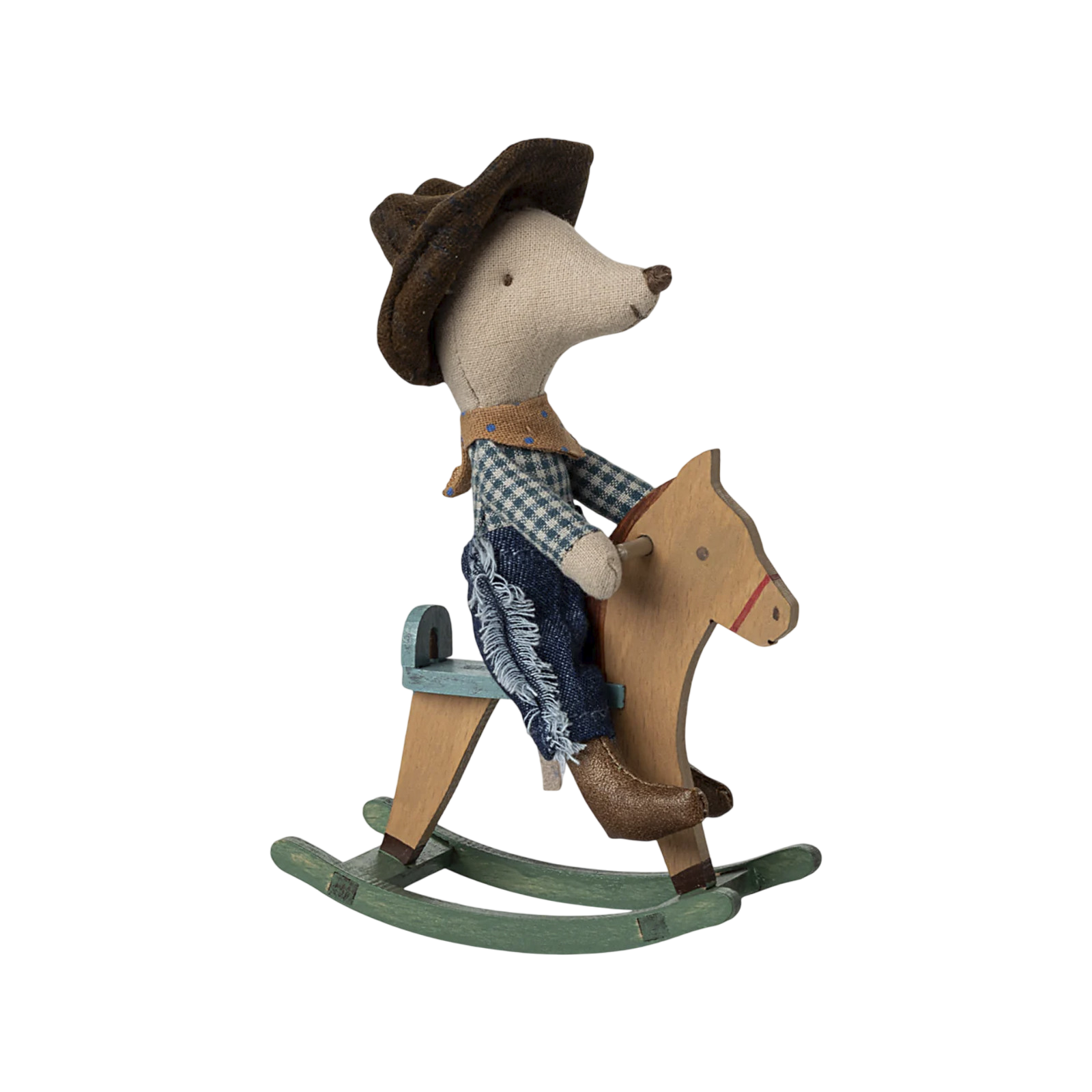 Maileg Maus Cowboy kleiner Bruder mit Schaukelpferd