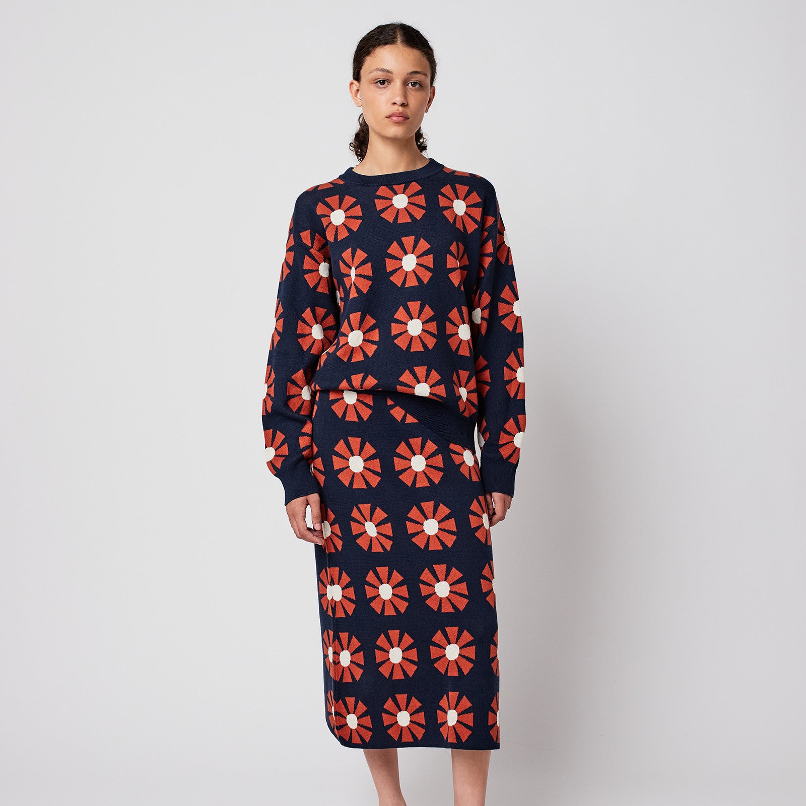 Adult Skirt Flower Jacquard Midi Navy Blue