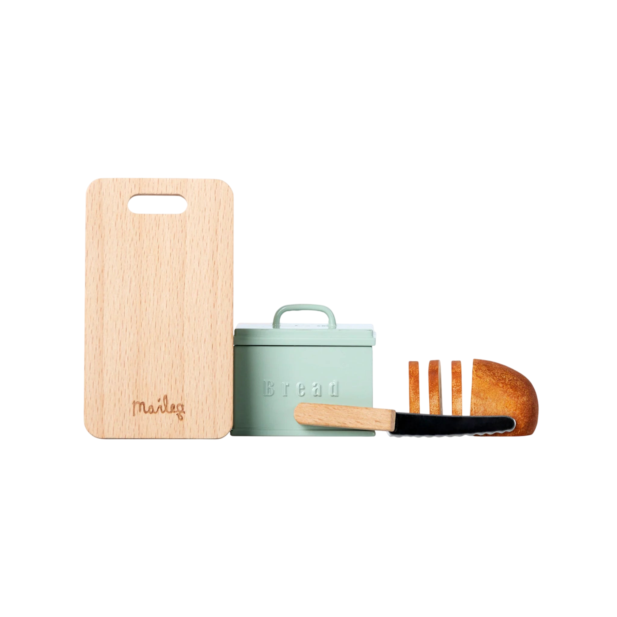 Maileg miniature bread box with cutting board and knife