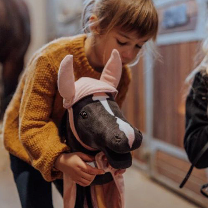 Saddle pad and hood for hobby horses in rose velvet