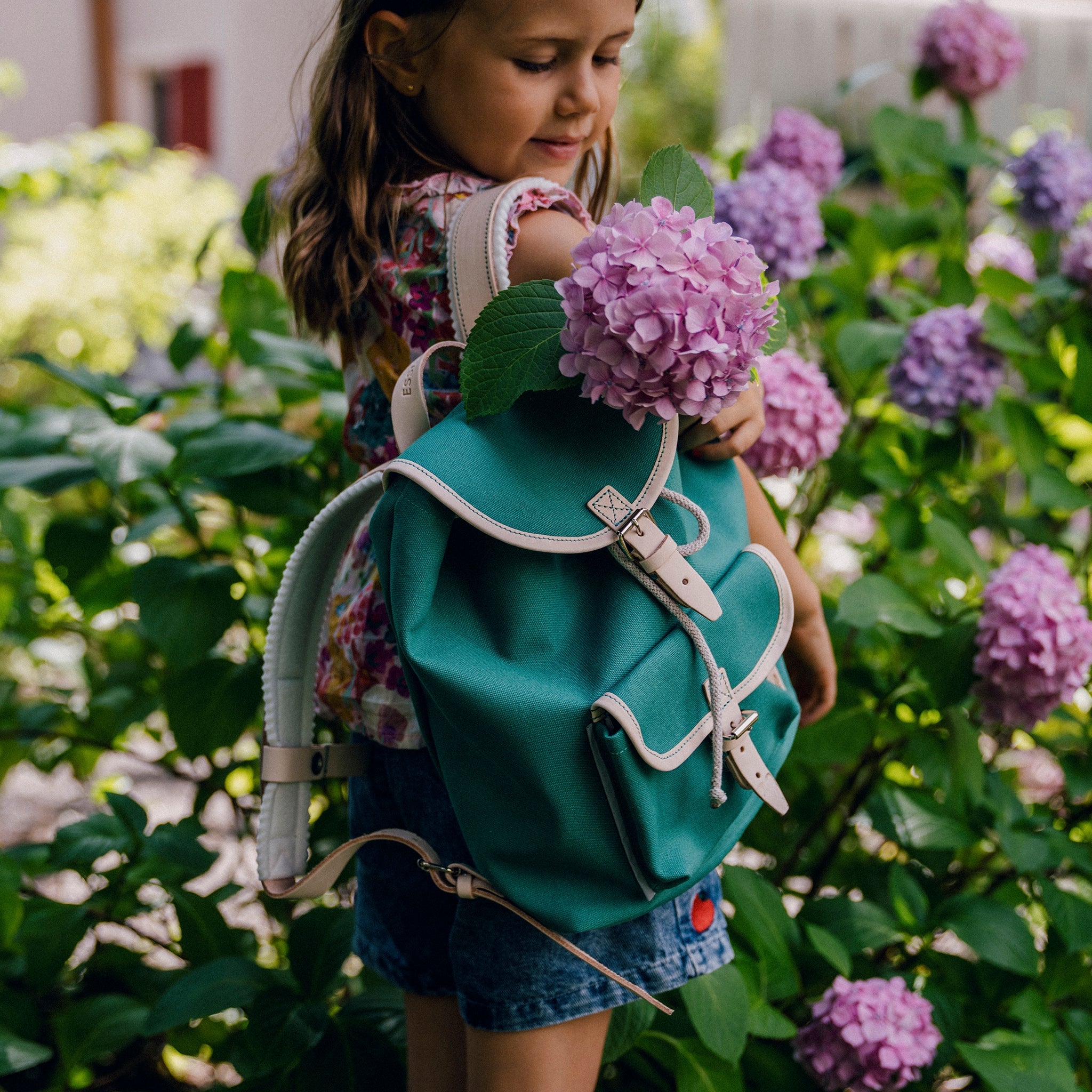 Children's backpack Georgie emerald / leather nature
