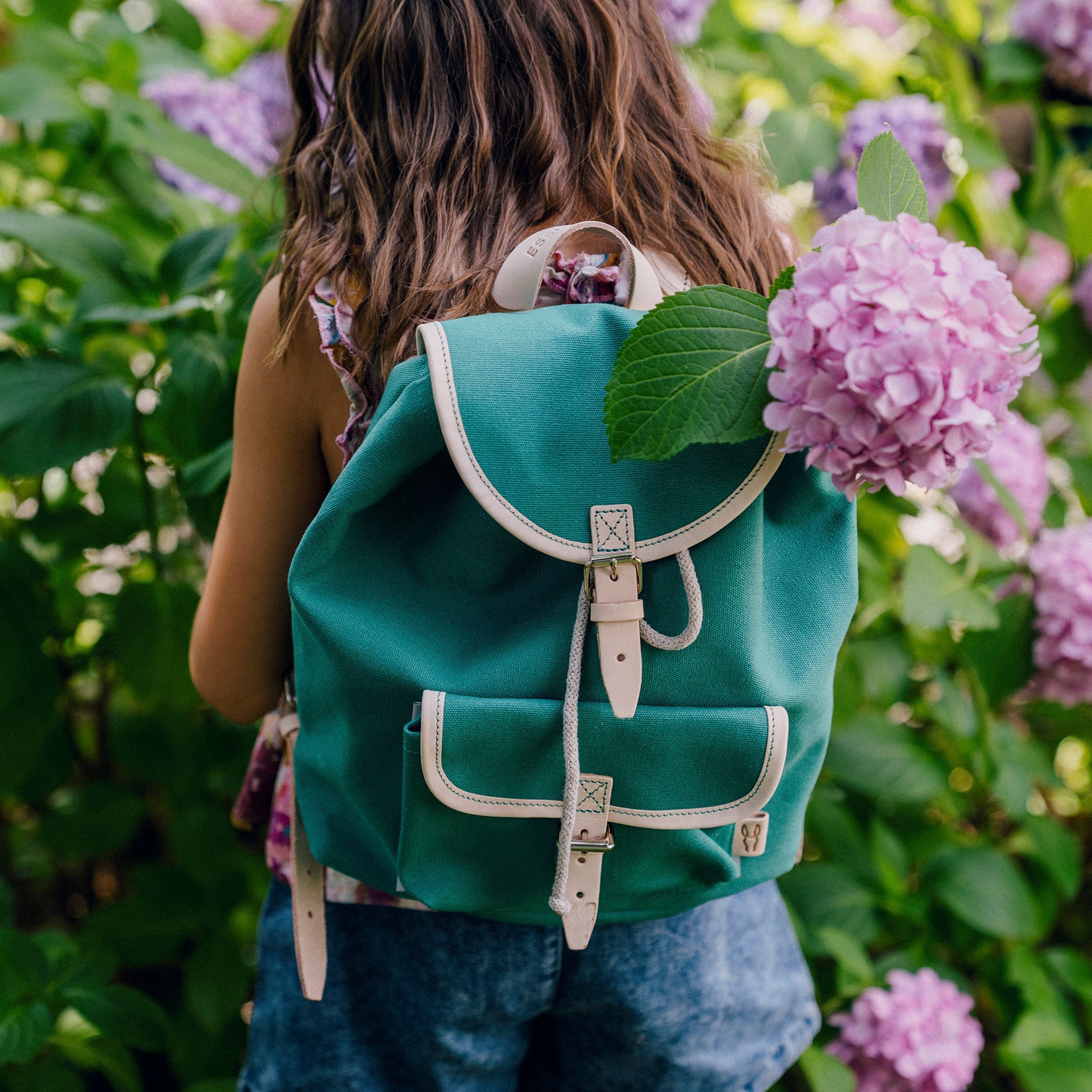 Children's backpack Georgie emerald / leather nature