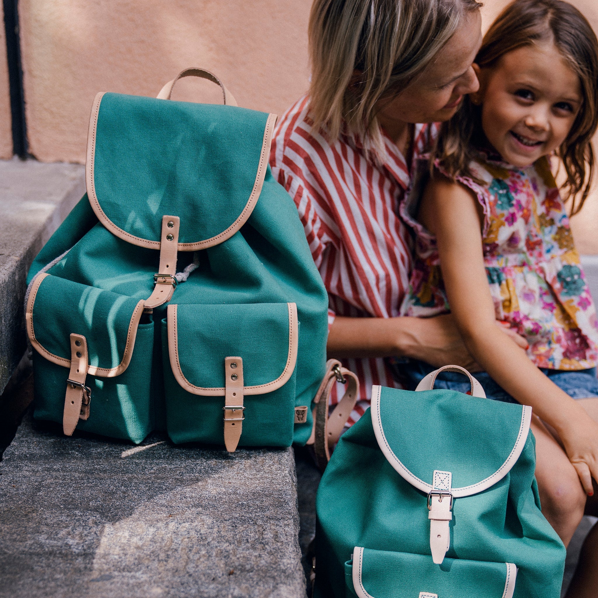 Children's backpack Georgie emerald / leather nature