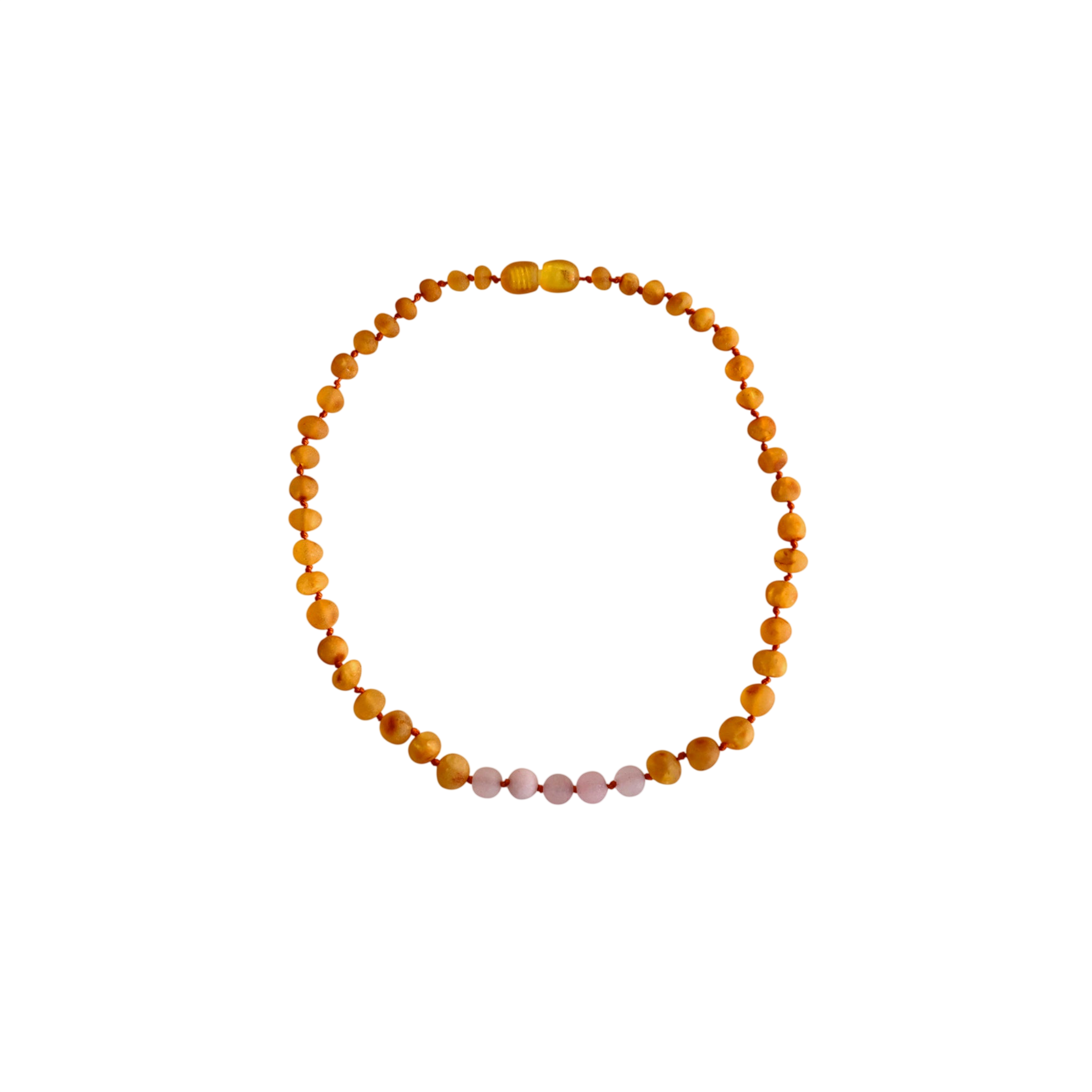 Collier pour bébé en ambre et quartz rose miel
