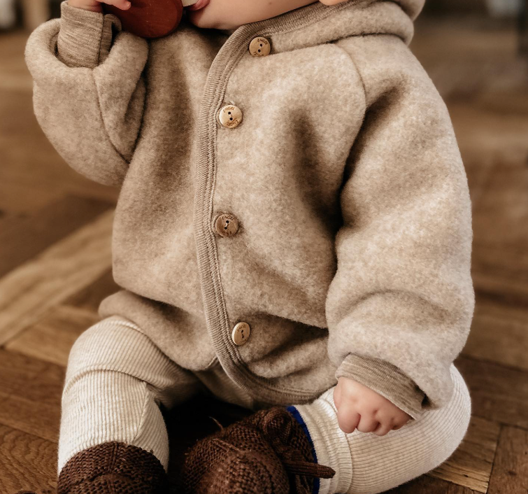 Veste à capuche en laine vierge, couleur sable chiné