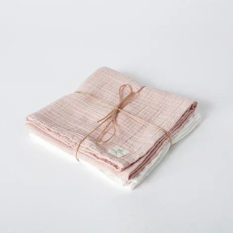 Baby Set of 2pcs-Hand Embroidered Muslin White-Powder Pink - OrganicEra