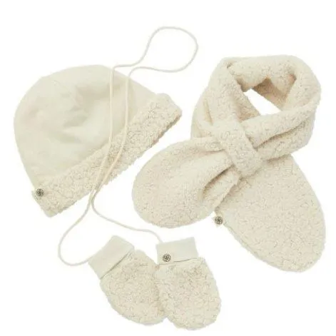 Set Teddy pour bébé : écharpe, bonnet, moufles blanc cassé - Cloby