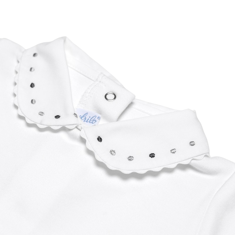 Long-sleeved body white with embroidery collar gray, anthracite
