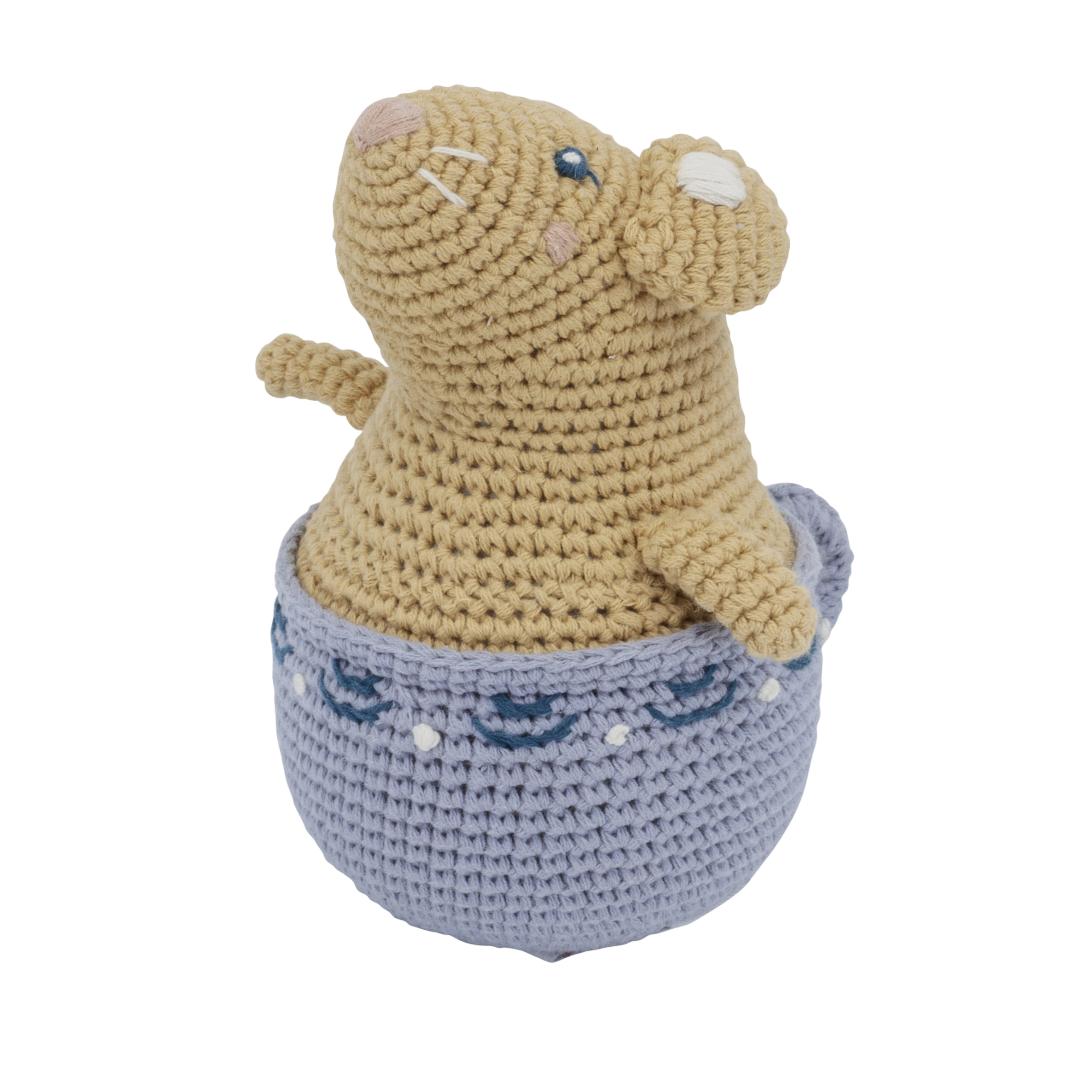 Crochet stand-up doll, Buttercup the mouse, golden hour yellow