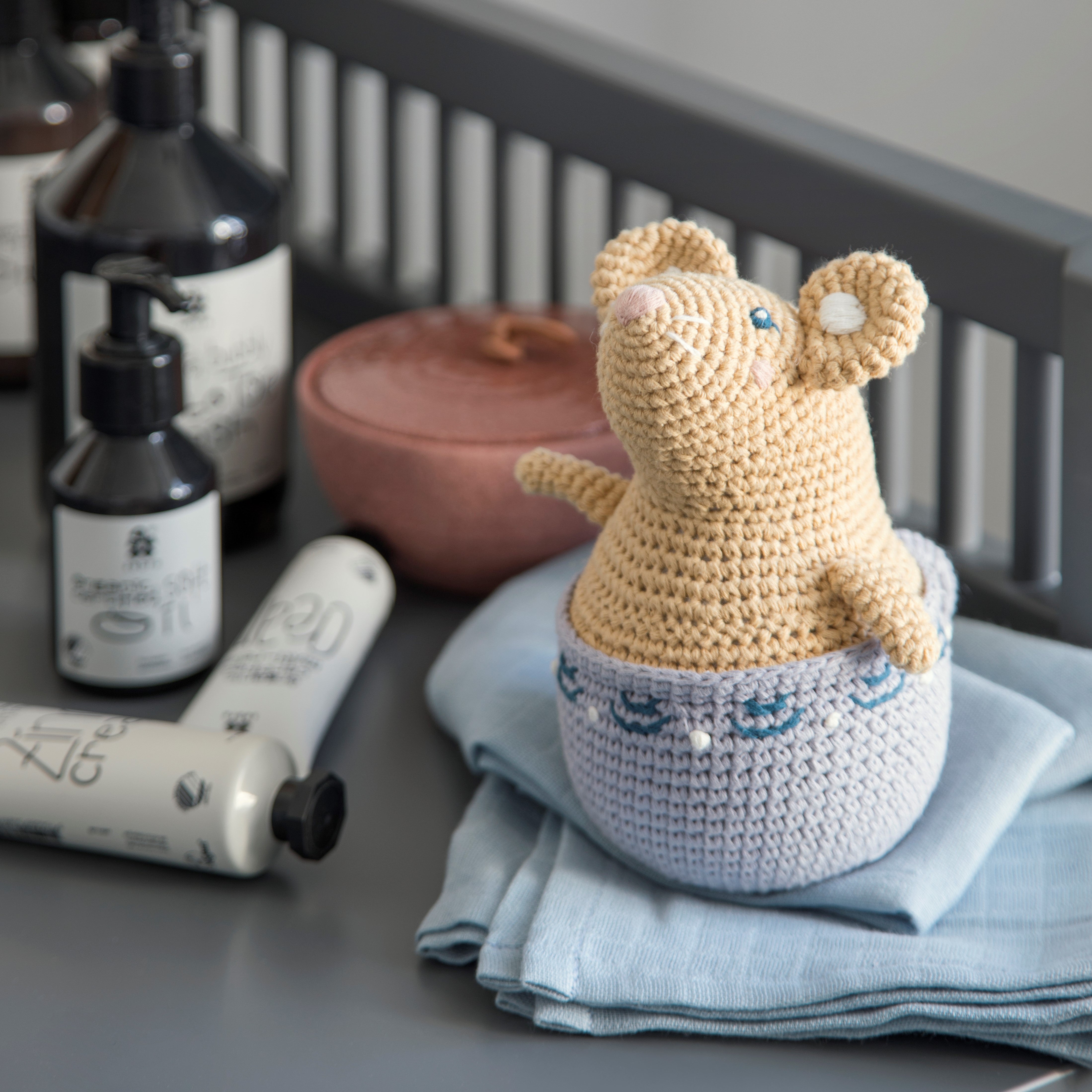 Crochet stand-up doll, Buttercup the mouse, golden hour yellow