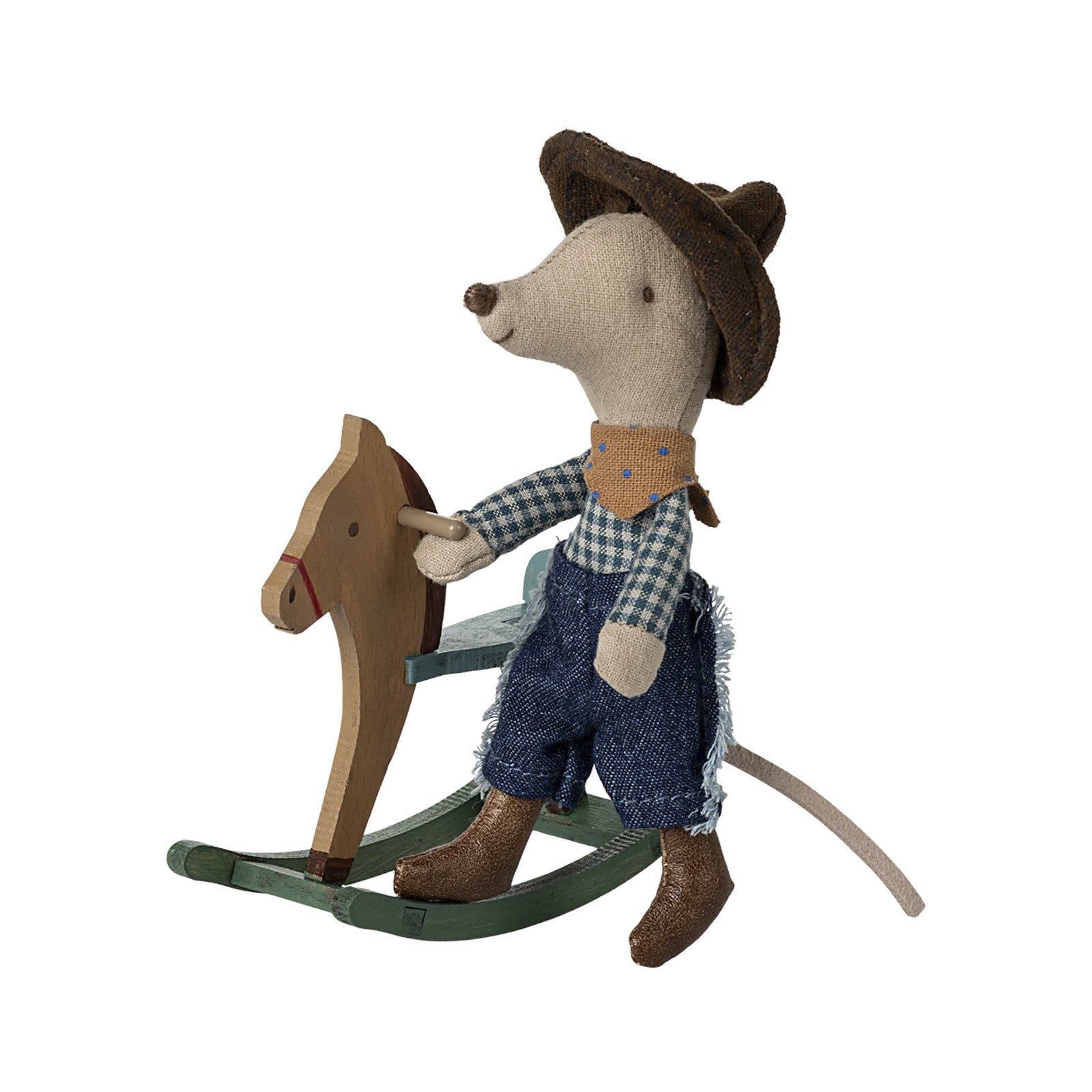 Maileg Maus Cowboy kleiner Bruder mit Schaukelpferd