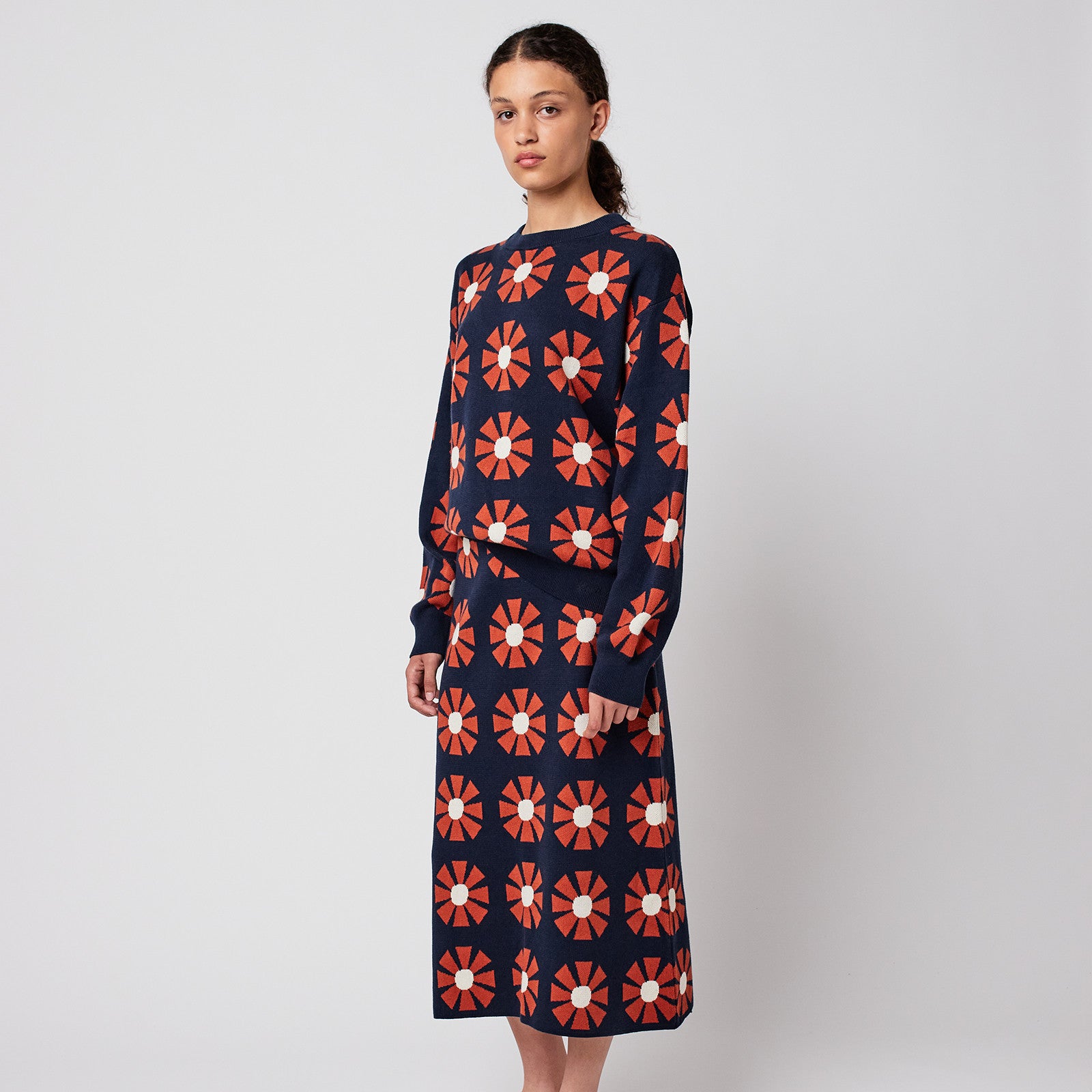 Adult Skirt Flower Jacquard Midi Navy Blue