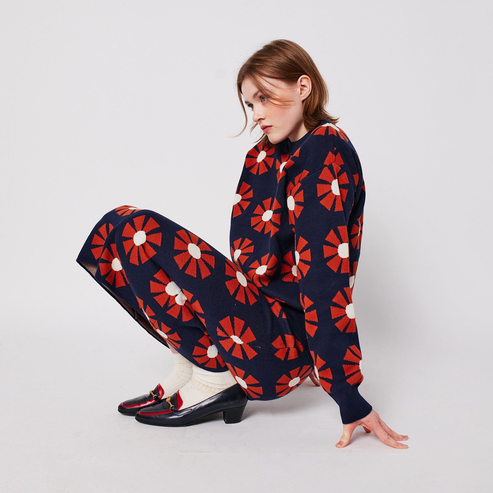 Adult Skirt Flower Jacquard Midi Navy Blue