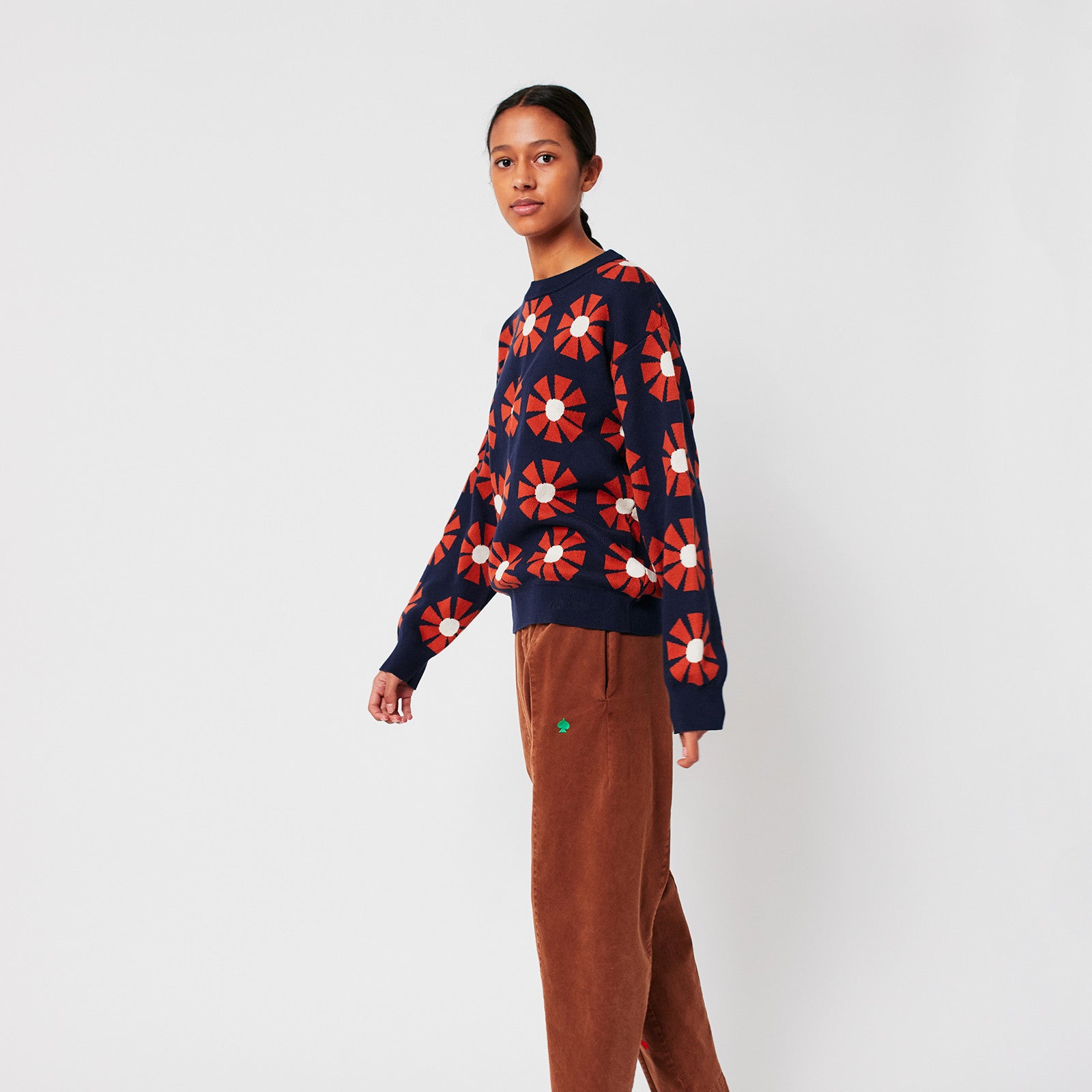 Adult knitted sweater Flower Jacquard Navy Blue