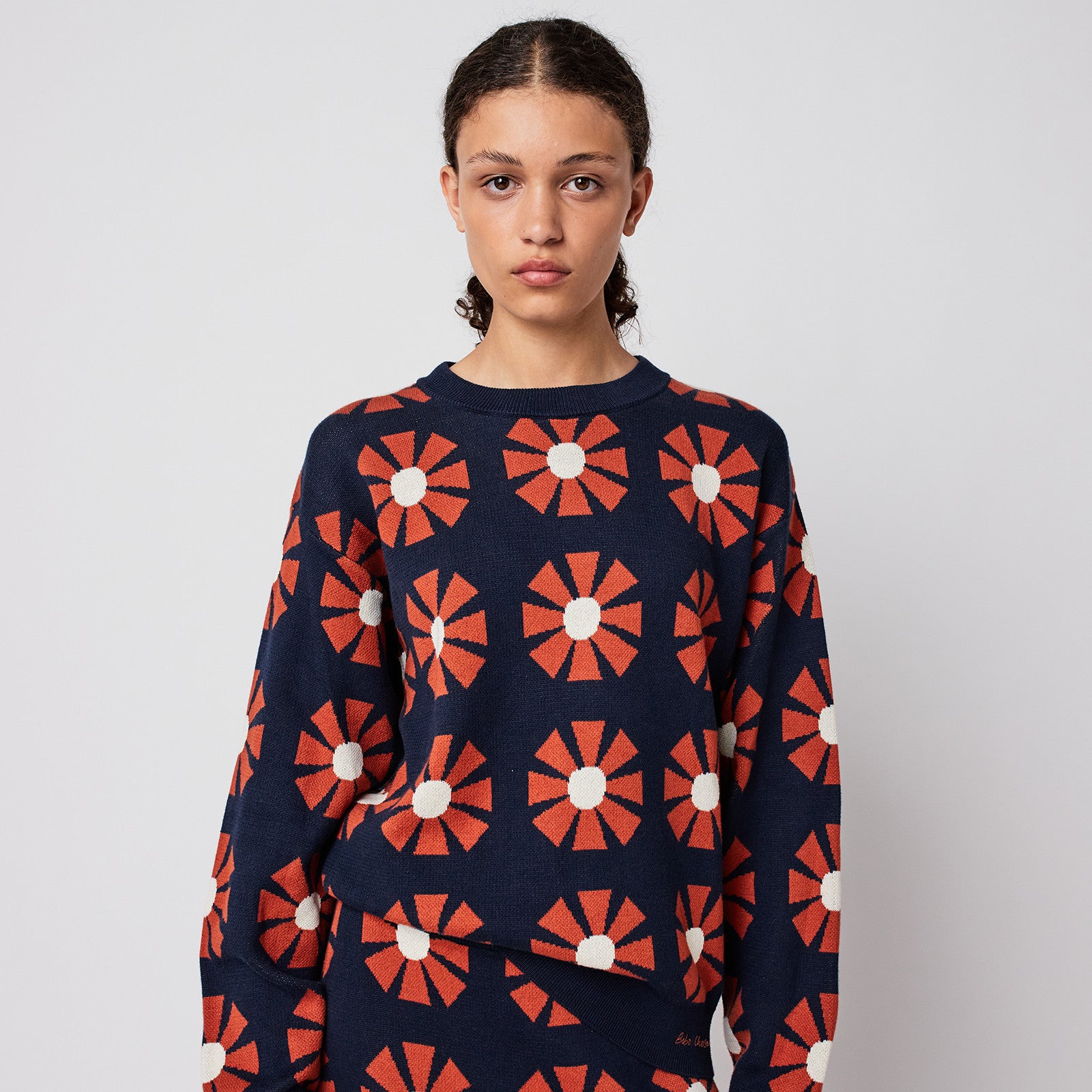 Adult knitted sweater Flower Jacquard Navy Blue