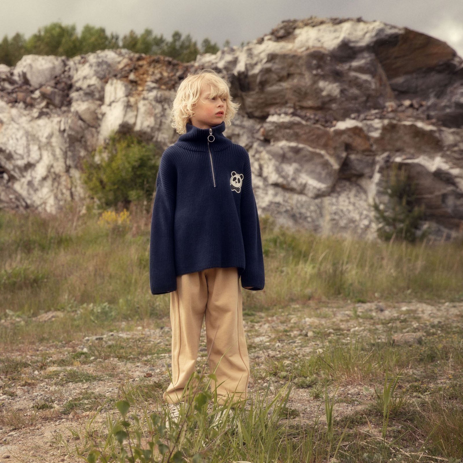 Pullover Chunky Knit Panda Patch Blue