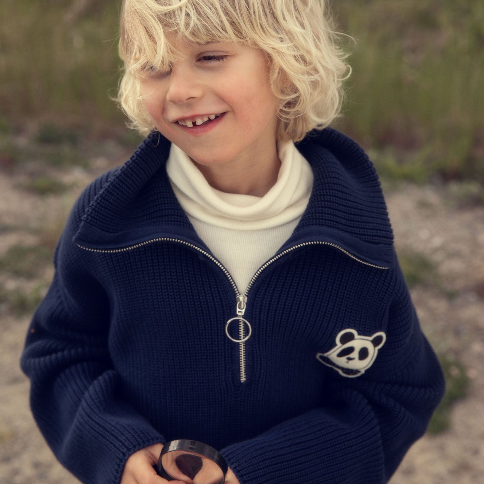 Pullover Chunky Knit Panda Patch Blue