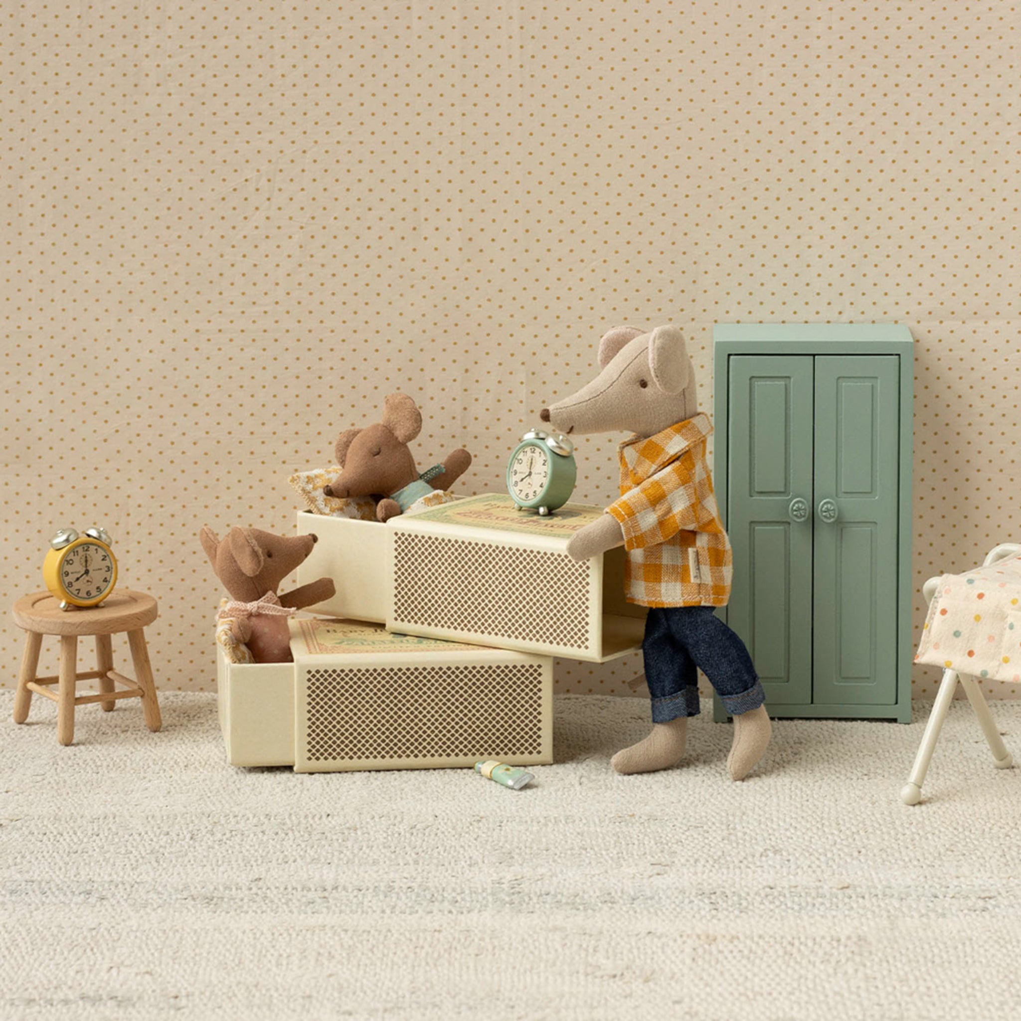 Maileg Bébé souris endormie dans une boîte d'allumettes rose