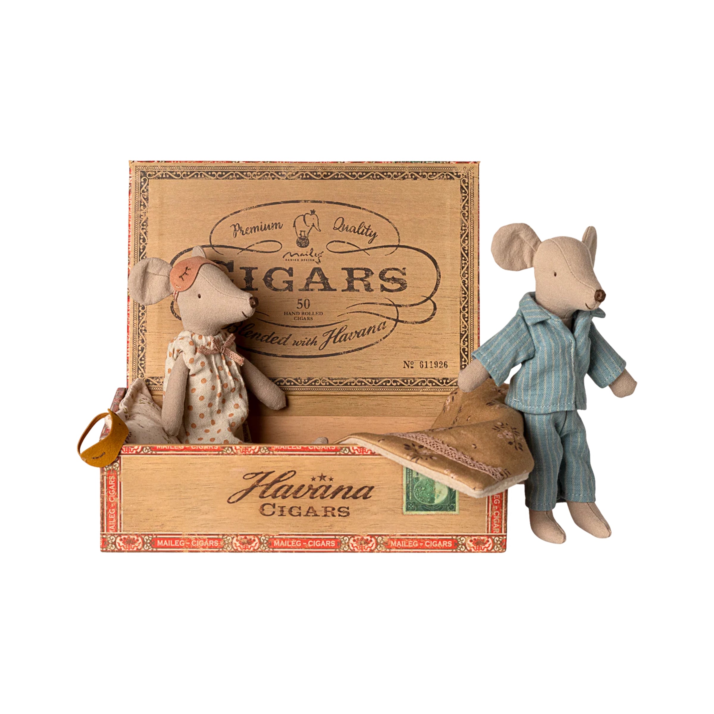 Souris Maileg Maman & Papa dans une boîte à cigares