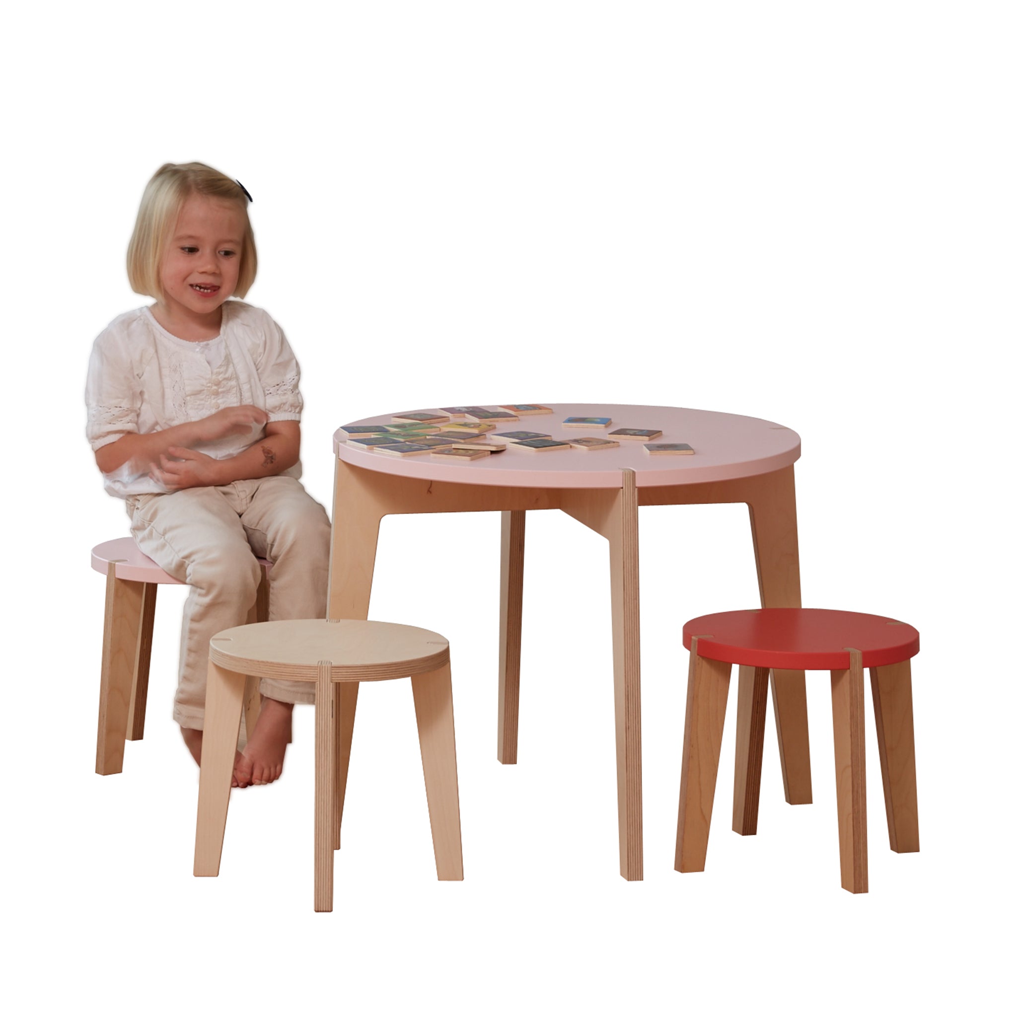Combination set, 1 round play table, 2 stools (color selectable)