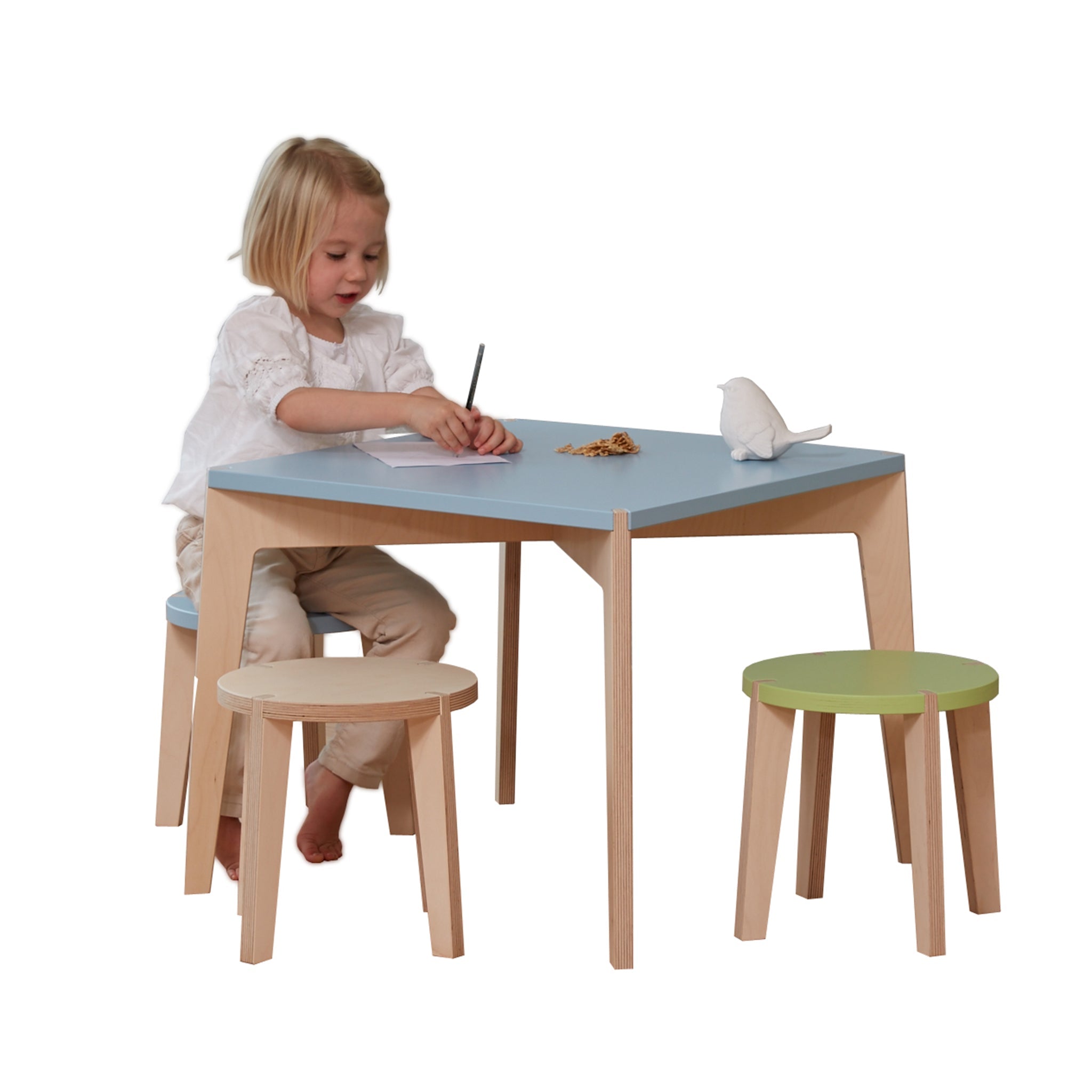 Combination set, 1 square play table, 2 stools (color selectable)