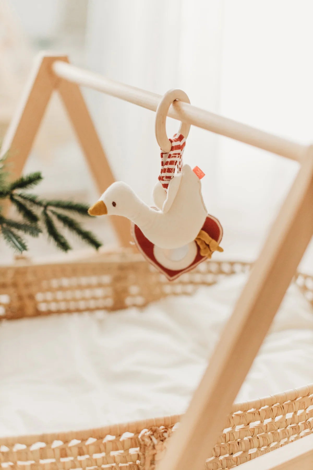 Wooden bite ring with goose & heart