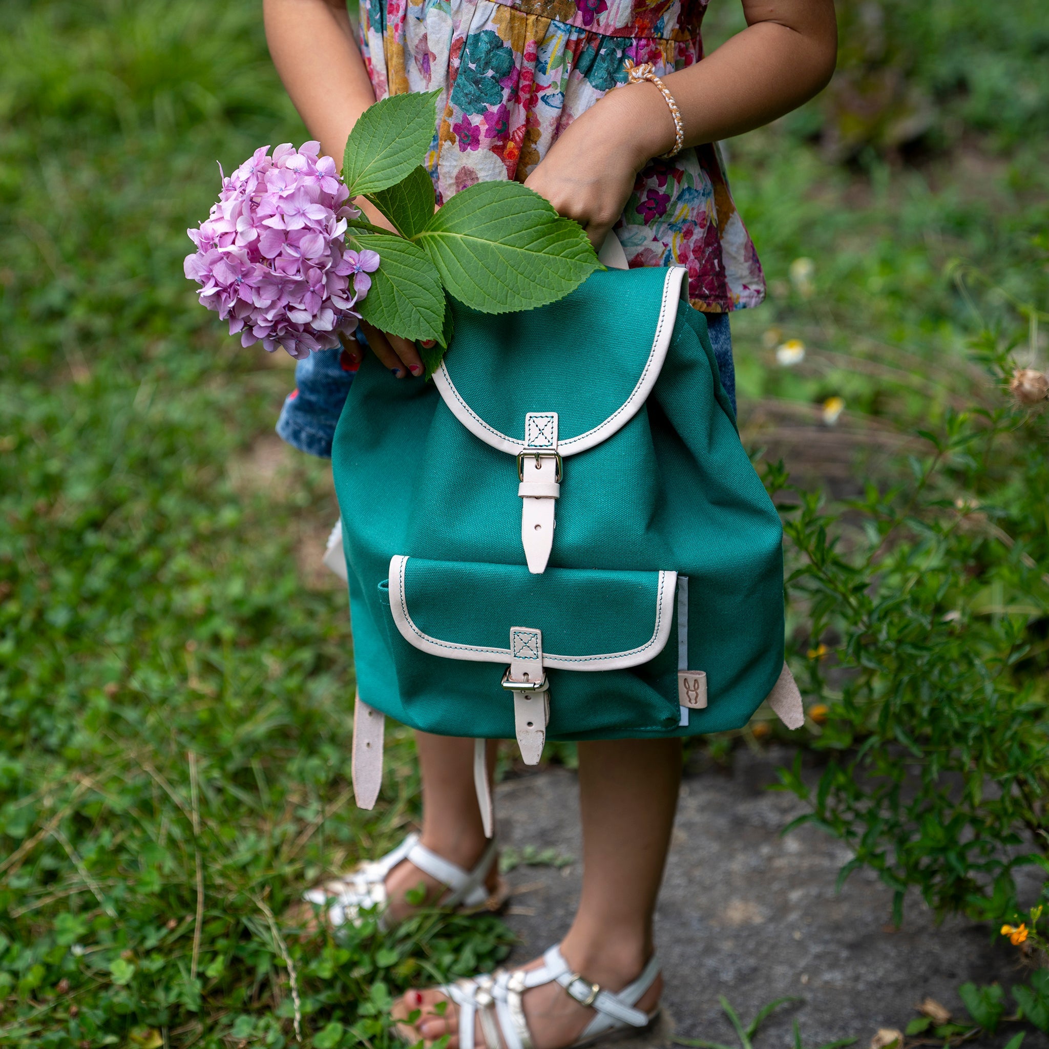 Children's backpack Georgie emerald / leather nature