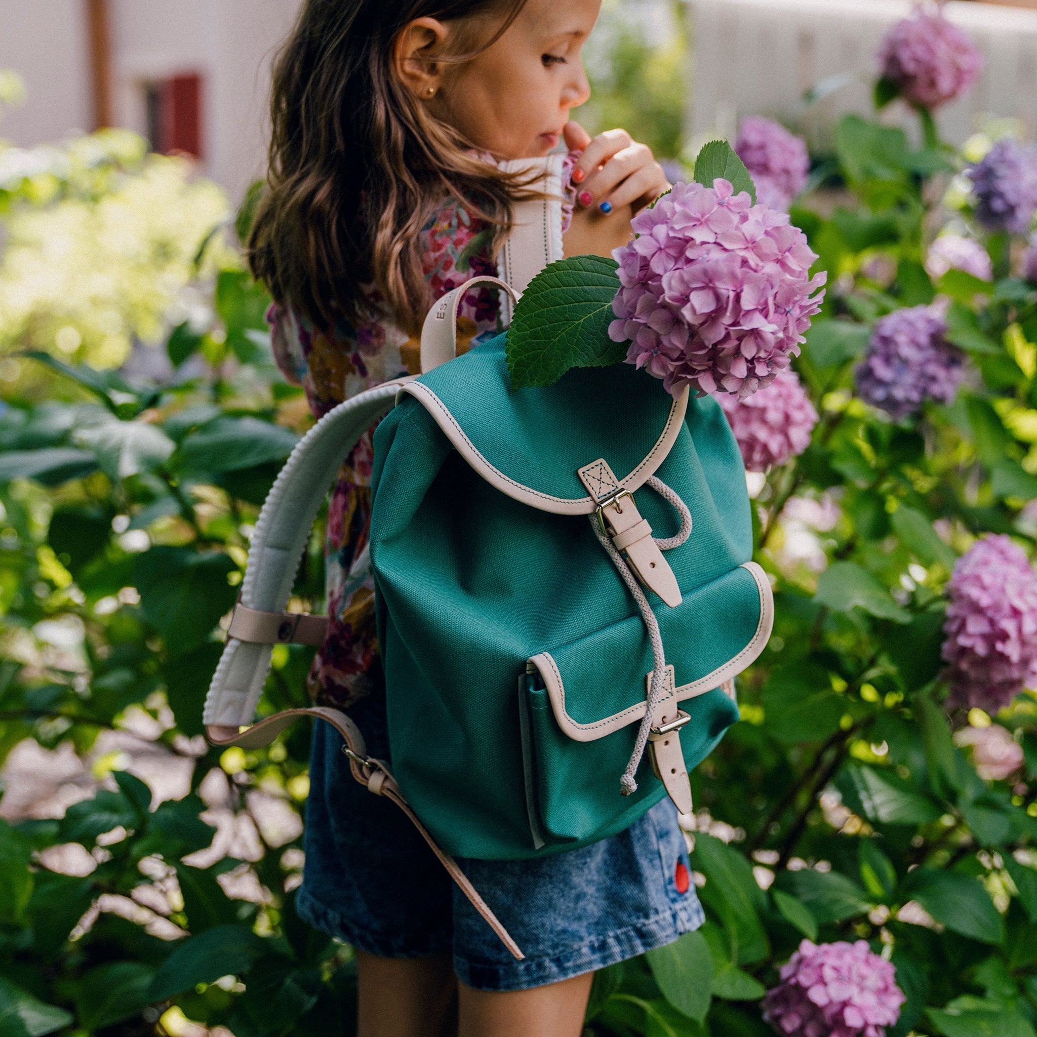 Children's backpack Georgie emerald / leather nature