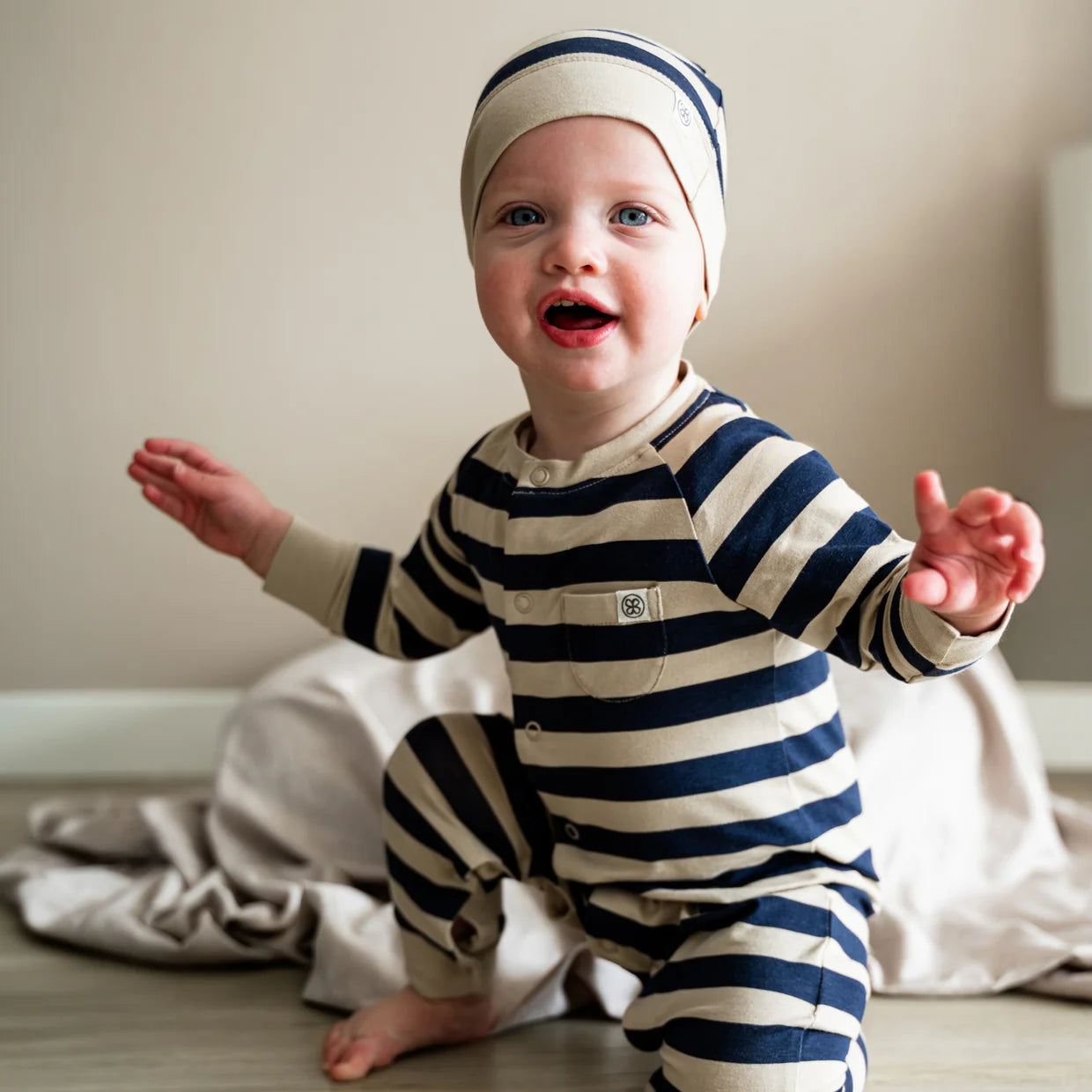 Baby set overall and cap UV protection Navy Stripe