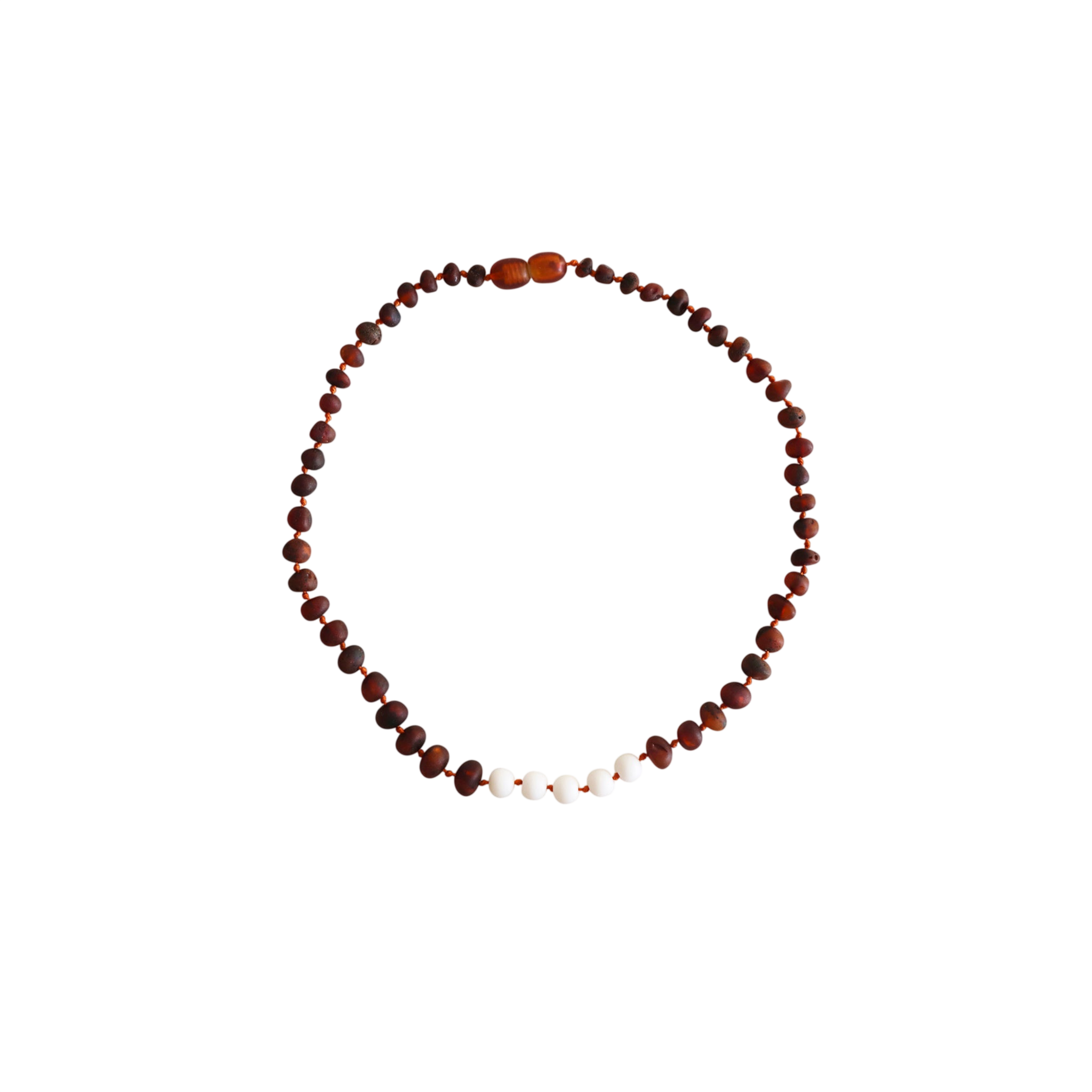 Collier pour bébé en ambre, châtaigne et onyx blanc