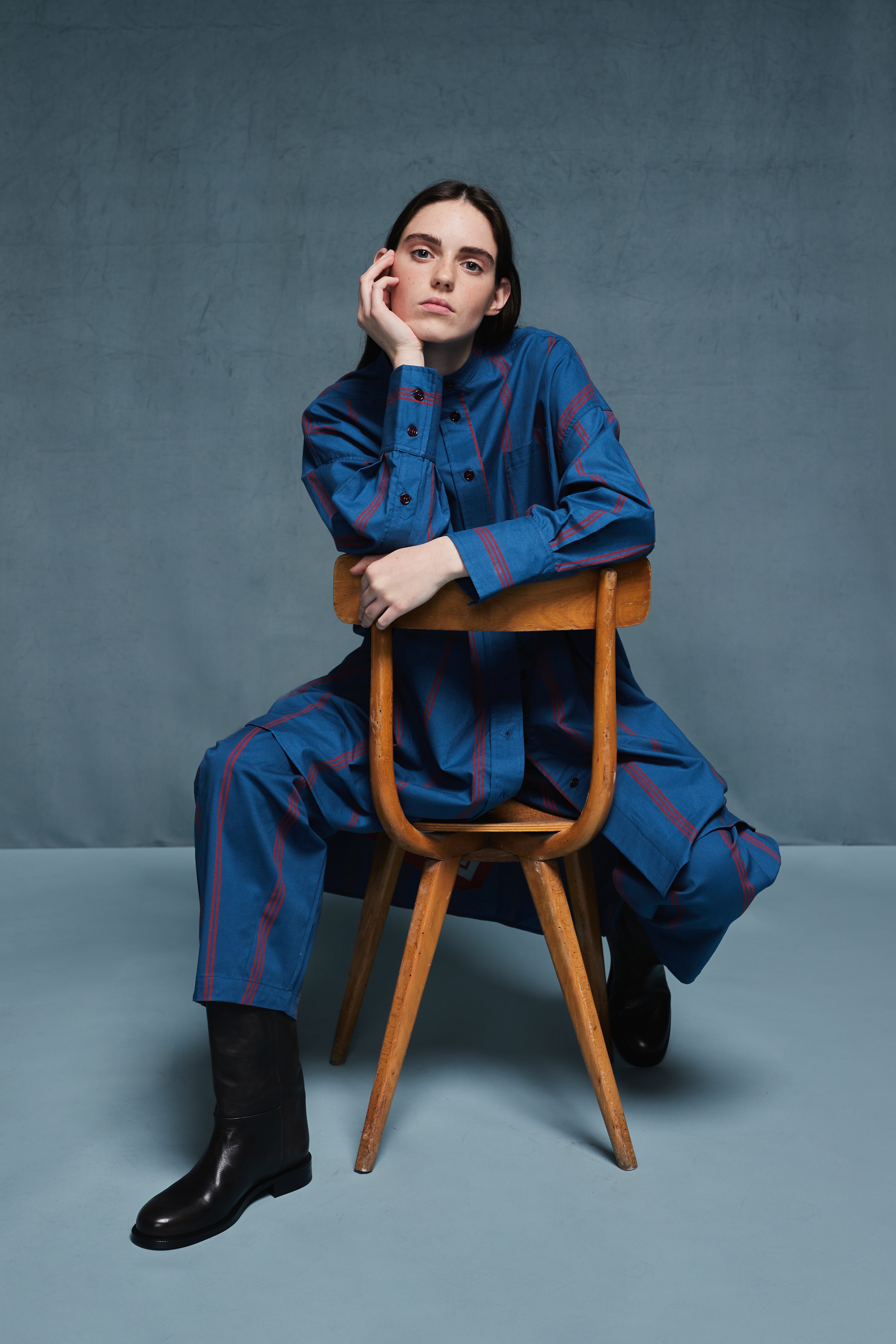 Adult All-Over Poplin Dress, Prussian Blue / Adult All-Over Poplin Shirt Dress with Triple Stripes, Prussian Blue
