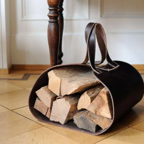 Leather carrier bag for wood & magazines dark brown - Fidea Design